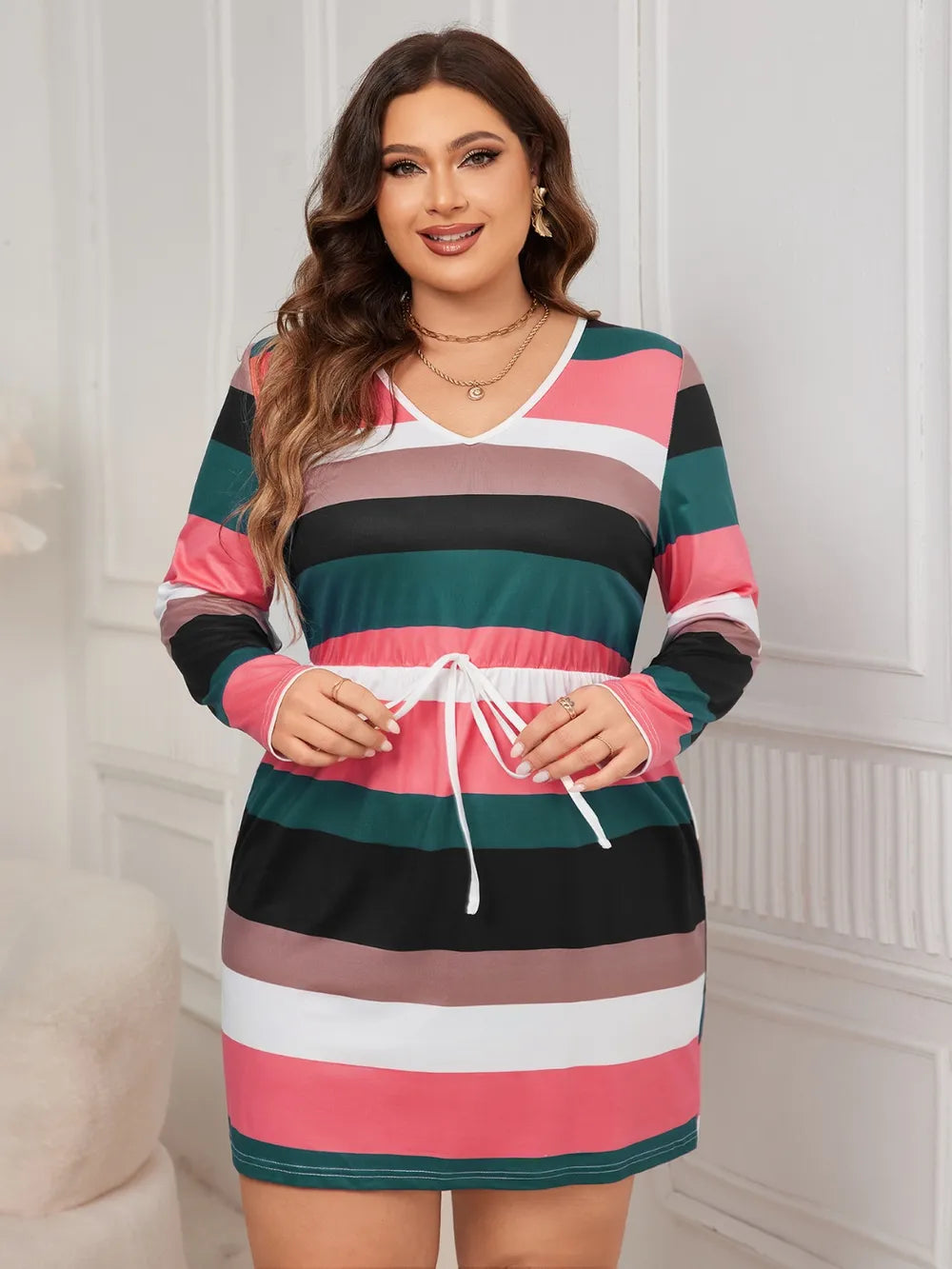 Honey Plus Size Striped V-Neck Long Sleeve Mini Dress 