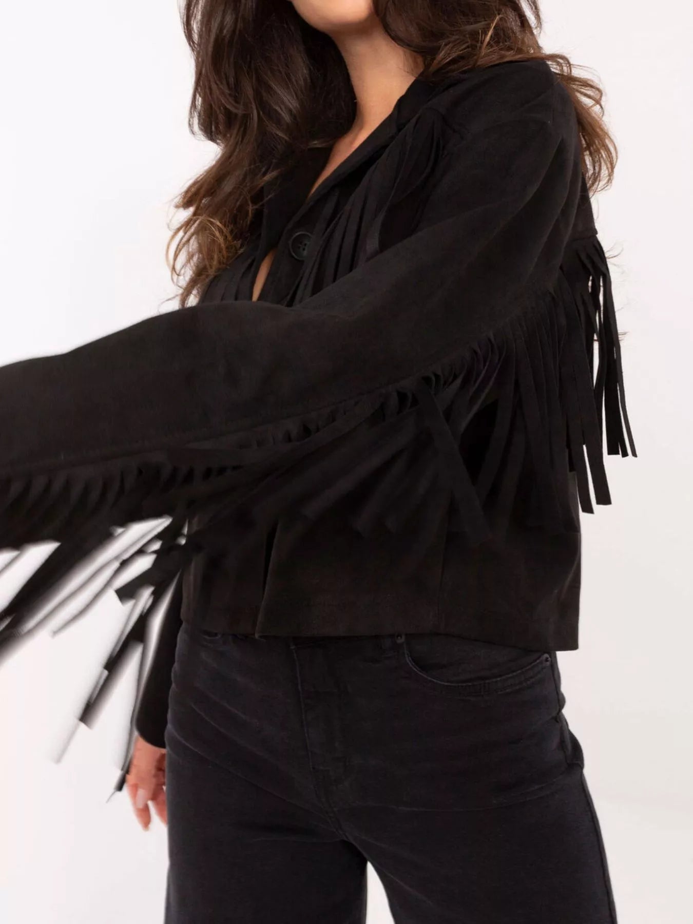 Fringe Button Up Suede Jacket 