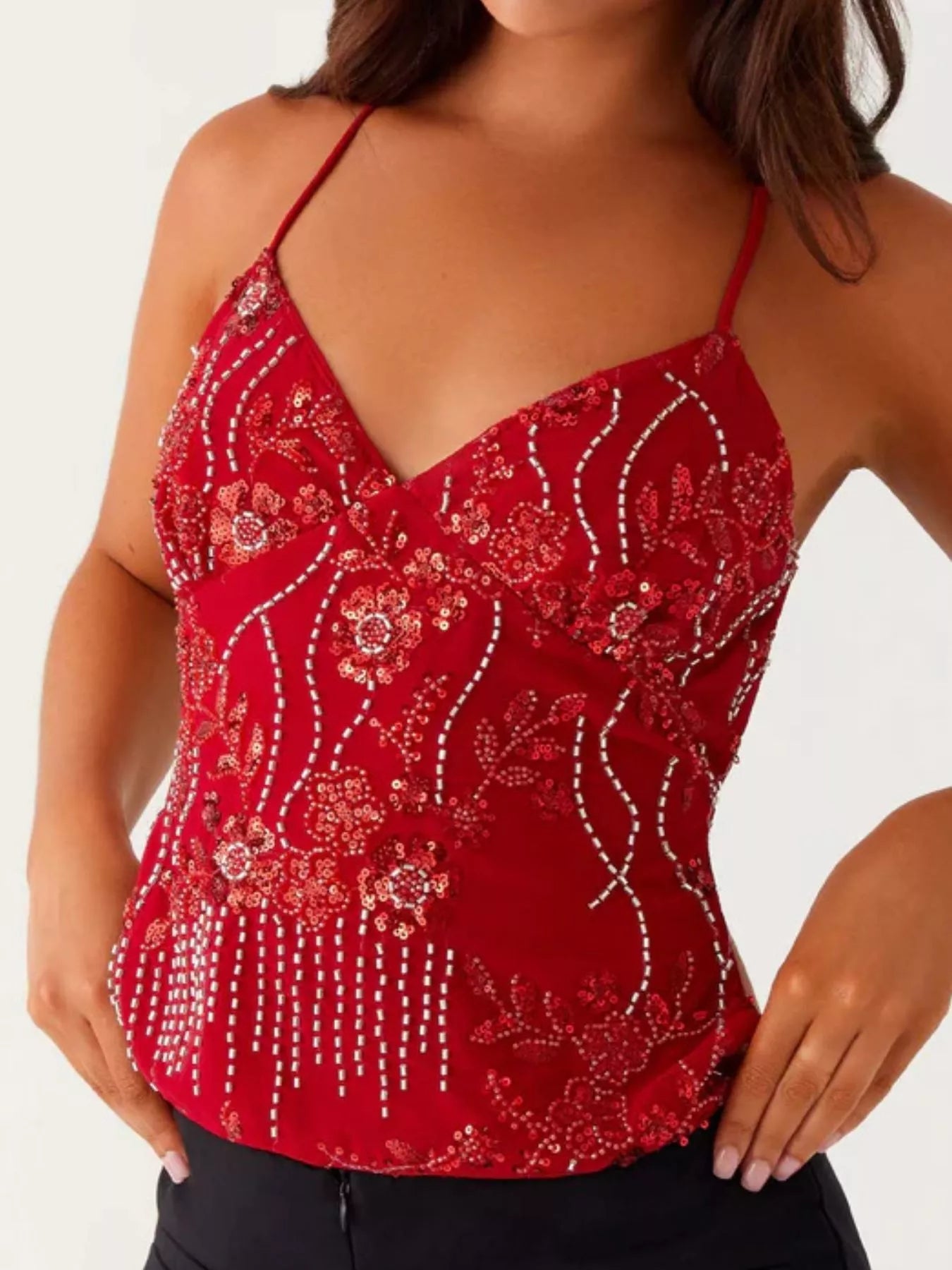 Floral Lace Up Back V-Neck Cami 