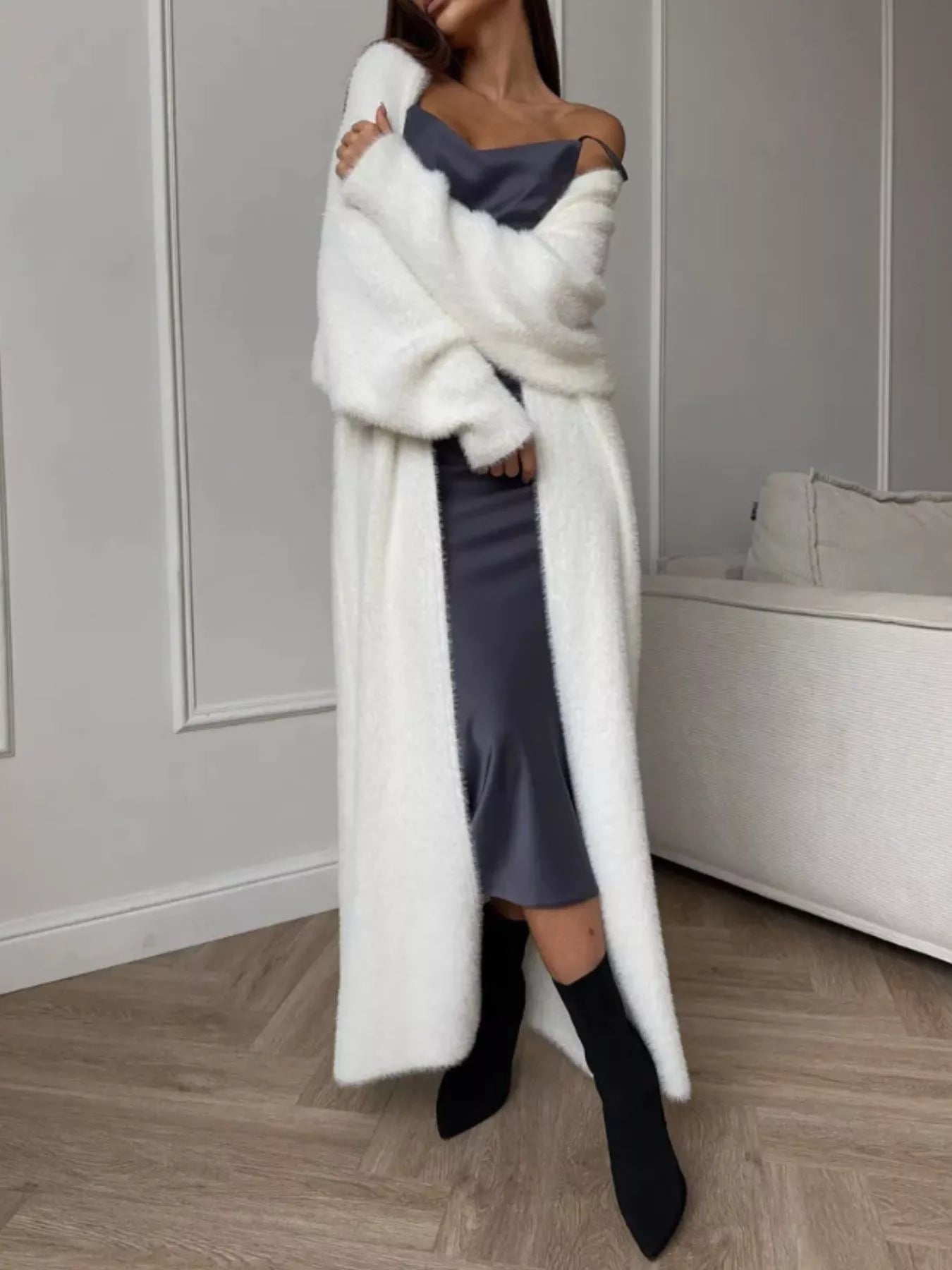 Fuzzy Open Front Longline Cardigan 
