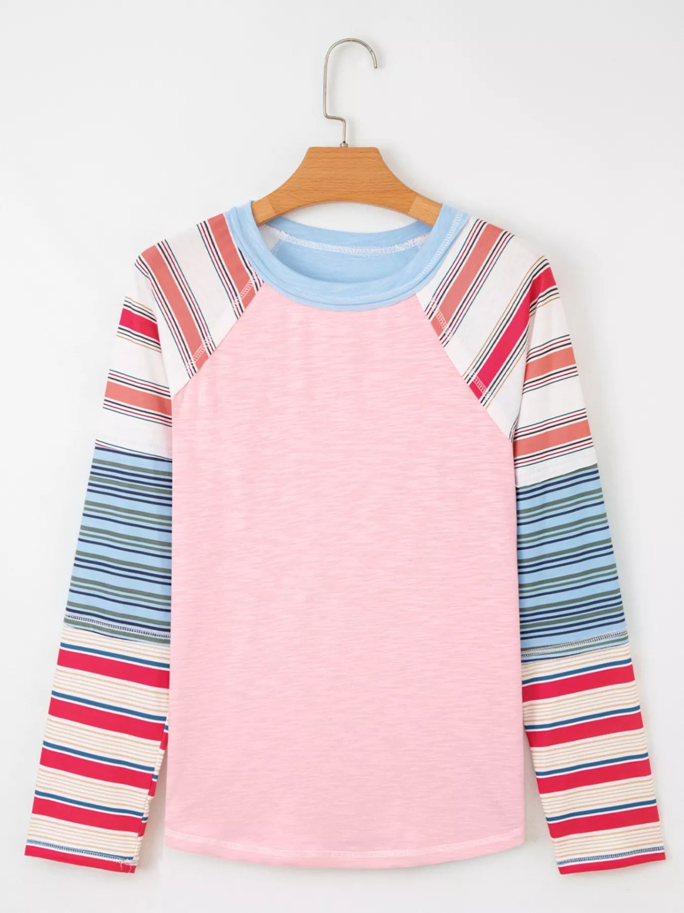 Color Block Round Neck Exposed Seam Patchwork Striped Long Sleeve Top 