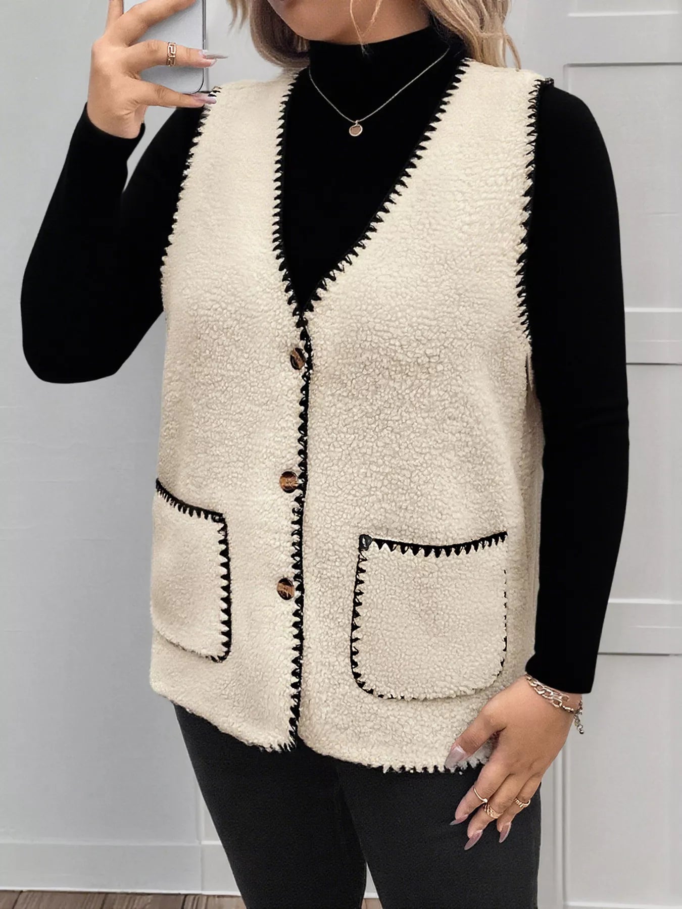 Plus Size Contrast Trim Button Up Vest Coat 