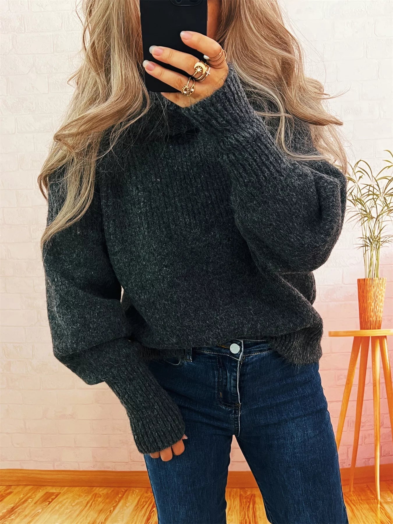 Ribbed Turtleneck Long Sleeve Sweater 