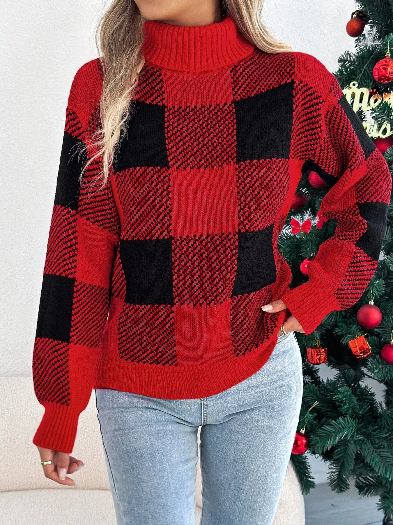 Christmas Plaid Long Sleeve Turtleneck Sweater 