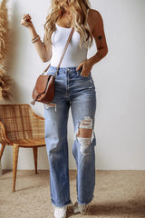 Distressed Straight Leg Jeans with Pockets 