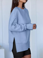 Side Slit Round Neck Long Sleeve Sweatshirt 