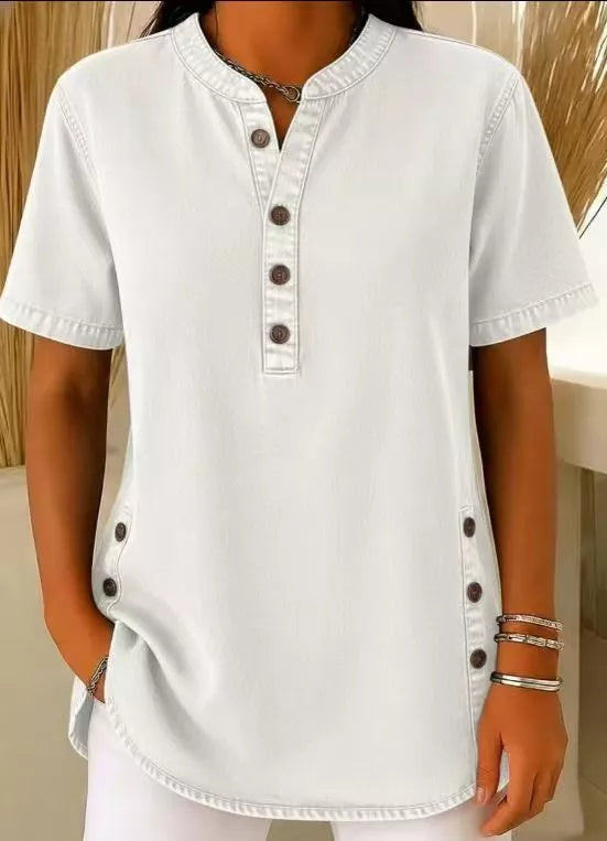 Full Size Button Detail Short Sleeve Blouse Plus Size 