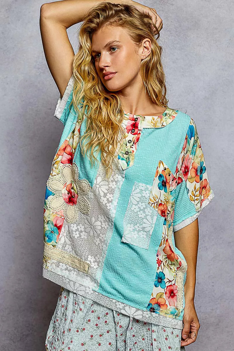 POL Lace Round Neck Short Sleeve Floral Pattern Top with Patch Detail 