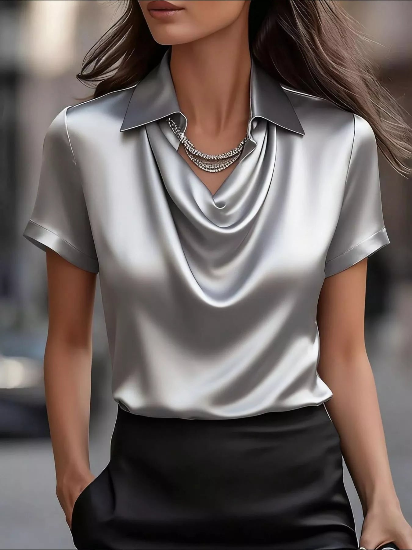 Full Size Cowl Neck Short Sleeve Satin Blouse Plus Size 
