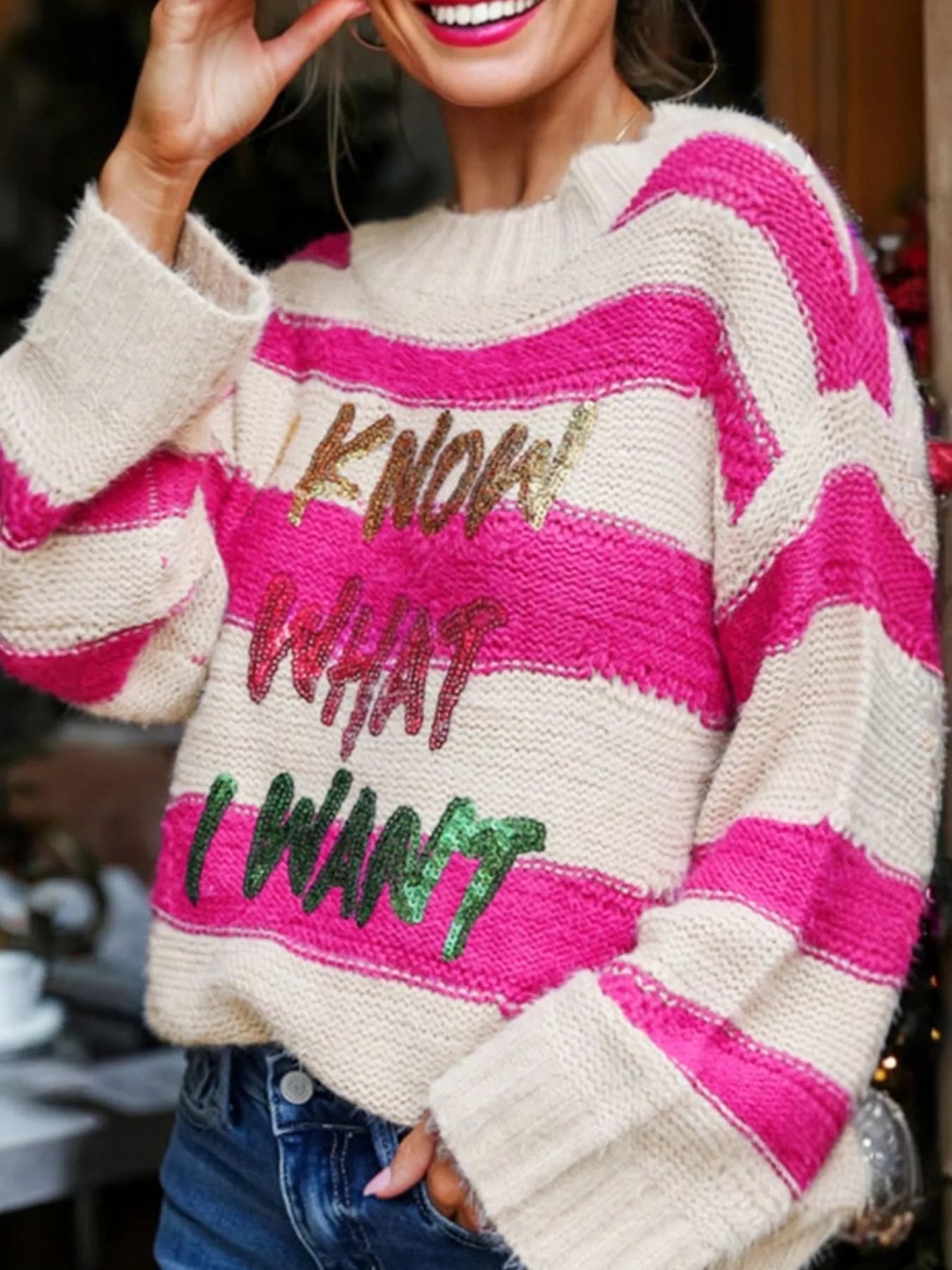 Sequin Letter Graphic Colorblock Loose Sweater 