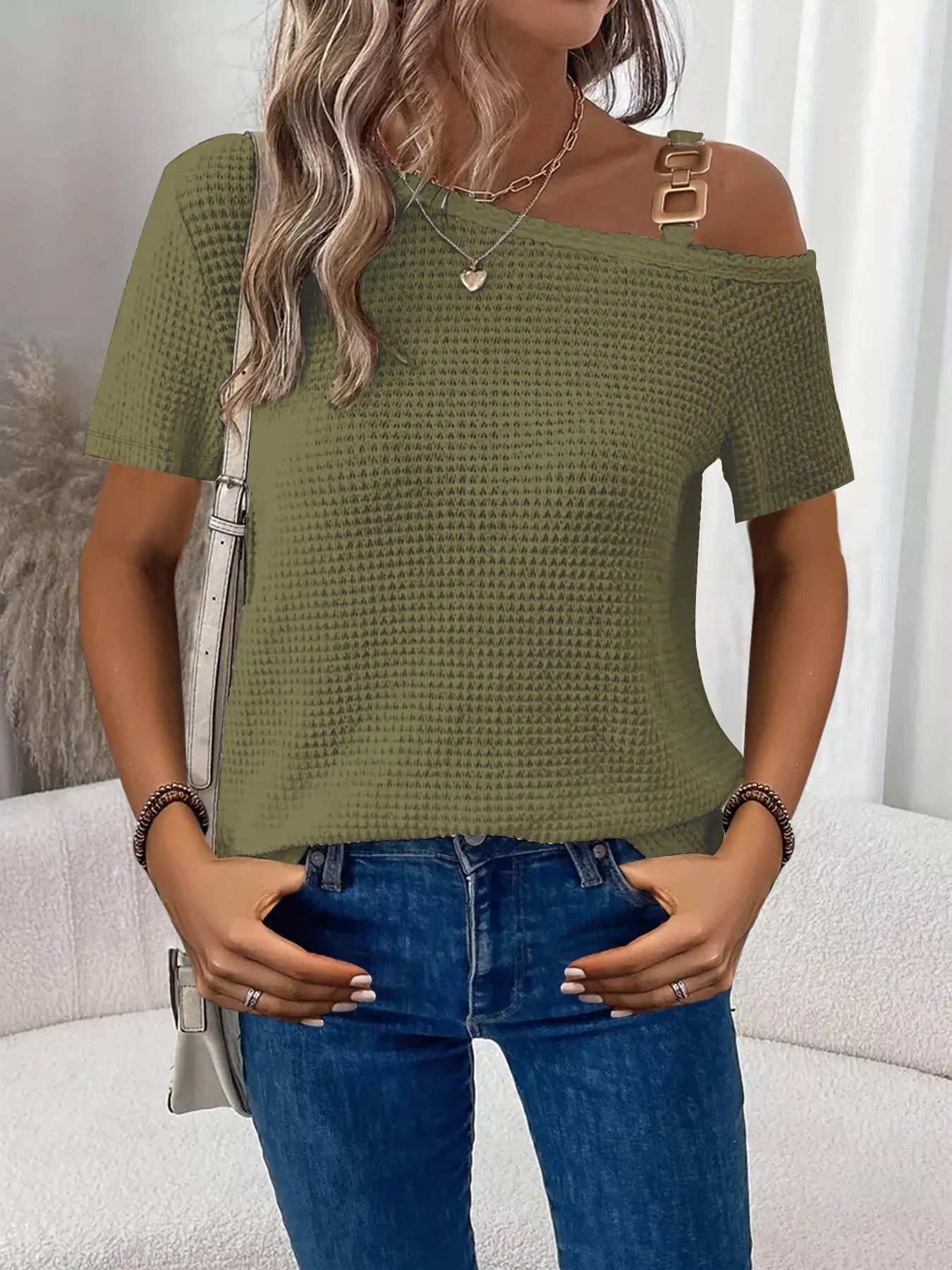 One-Shoulder Chain Detail Waffle Knit T-Shirt 