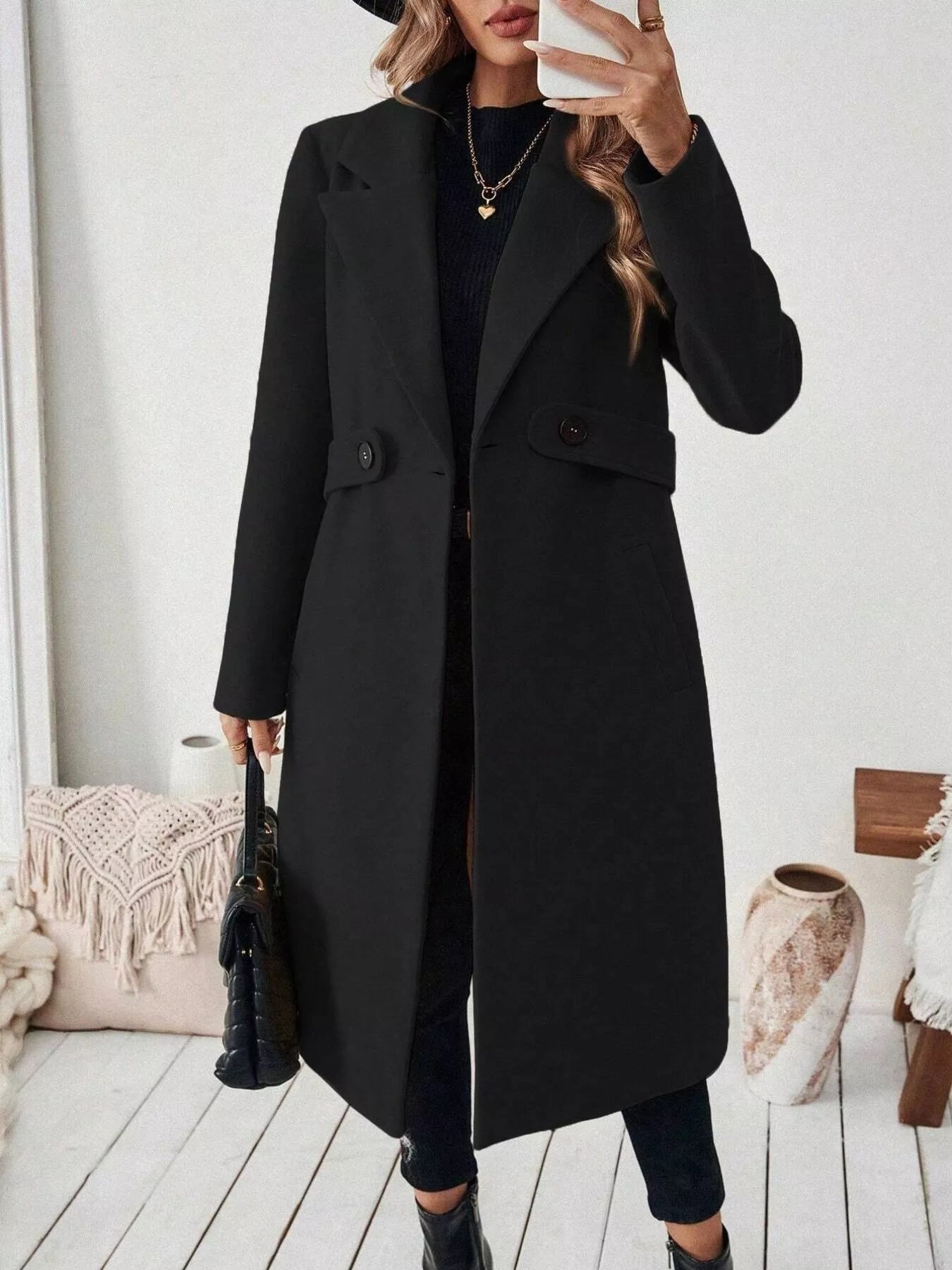 One Button Wool Blend Overcoat 