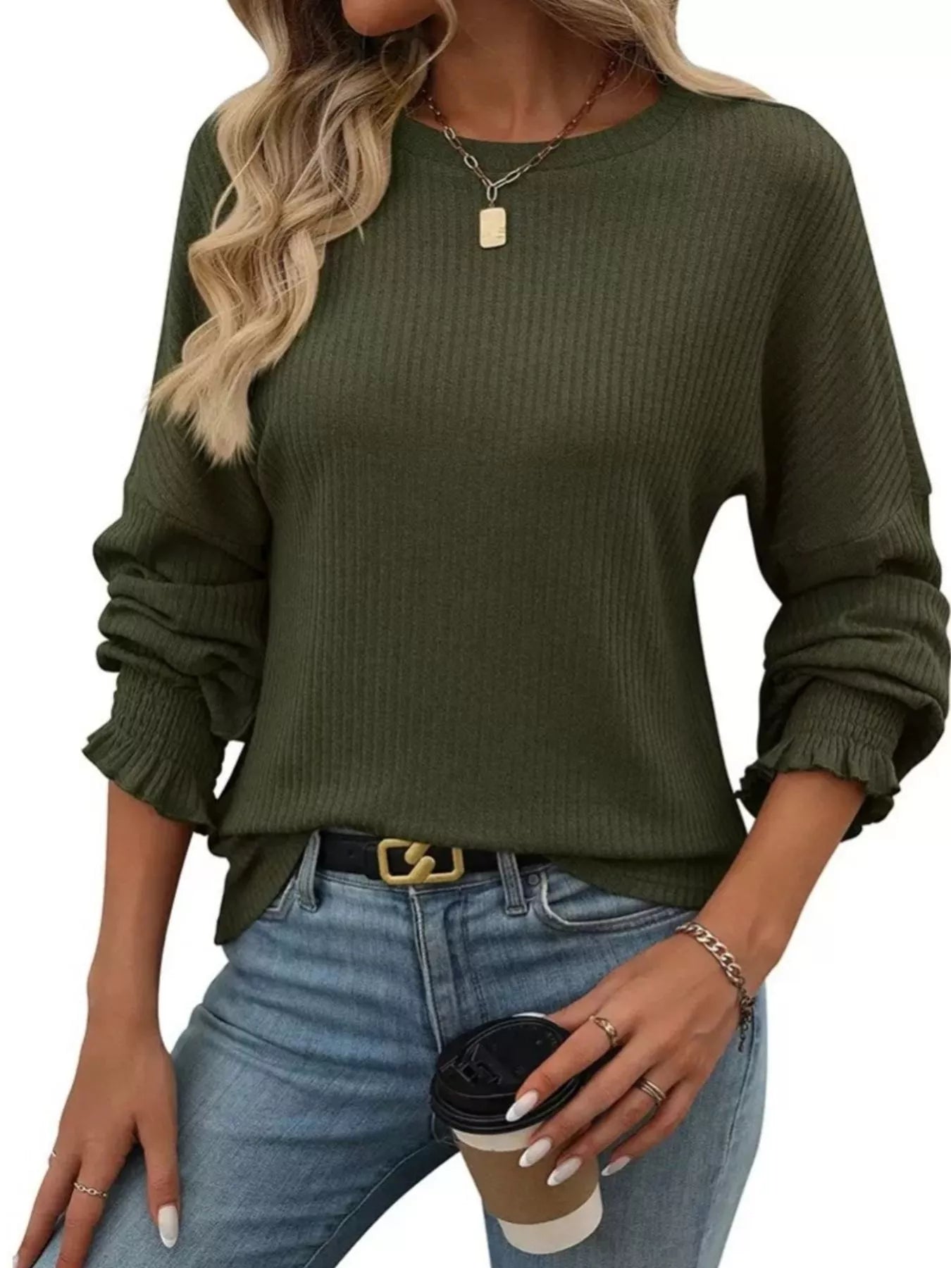 Ribbed Knit Long Sleeve T-Shirt 