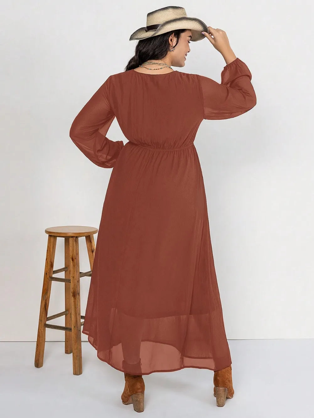 Plus Size Embroidered Tie Neck Long Sleeve Dress 