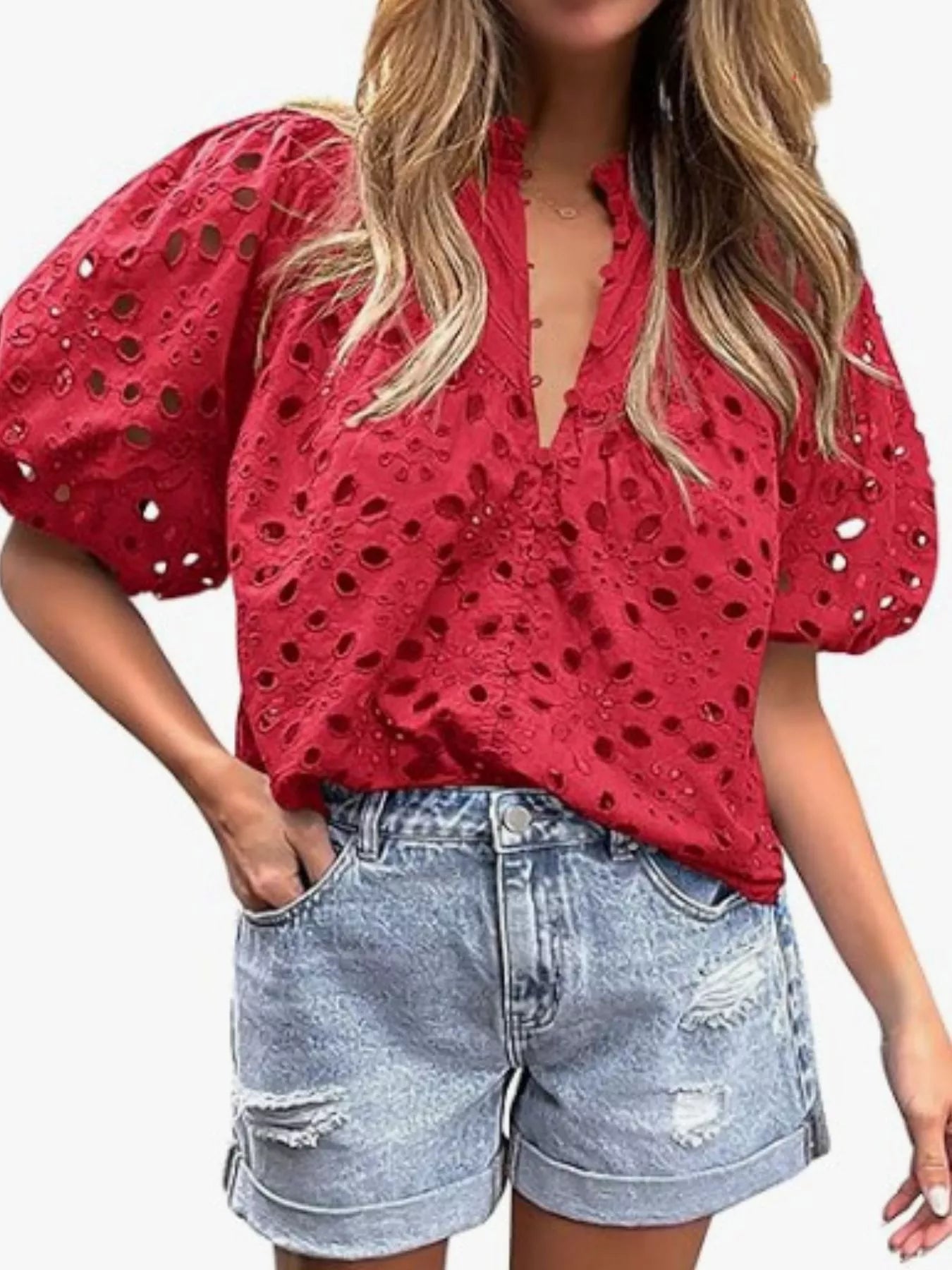 Eyelet Embroidered Puff Sleeve Blouse 