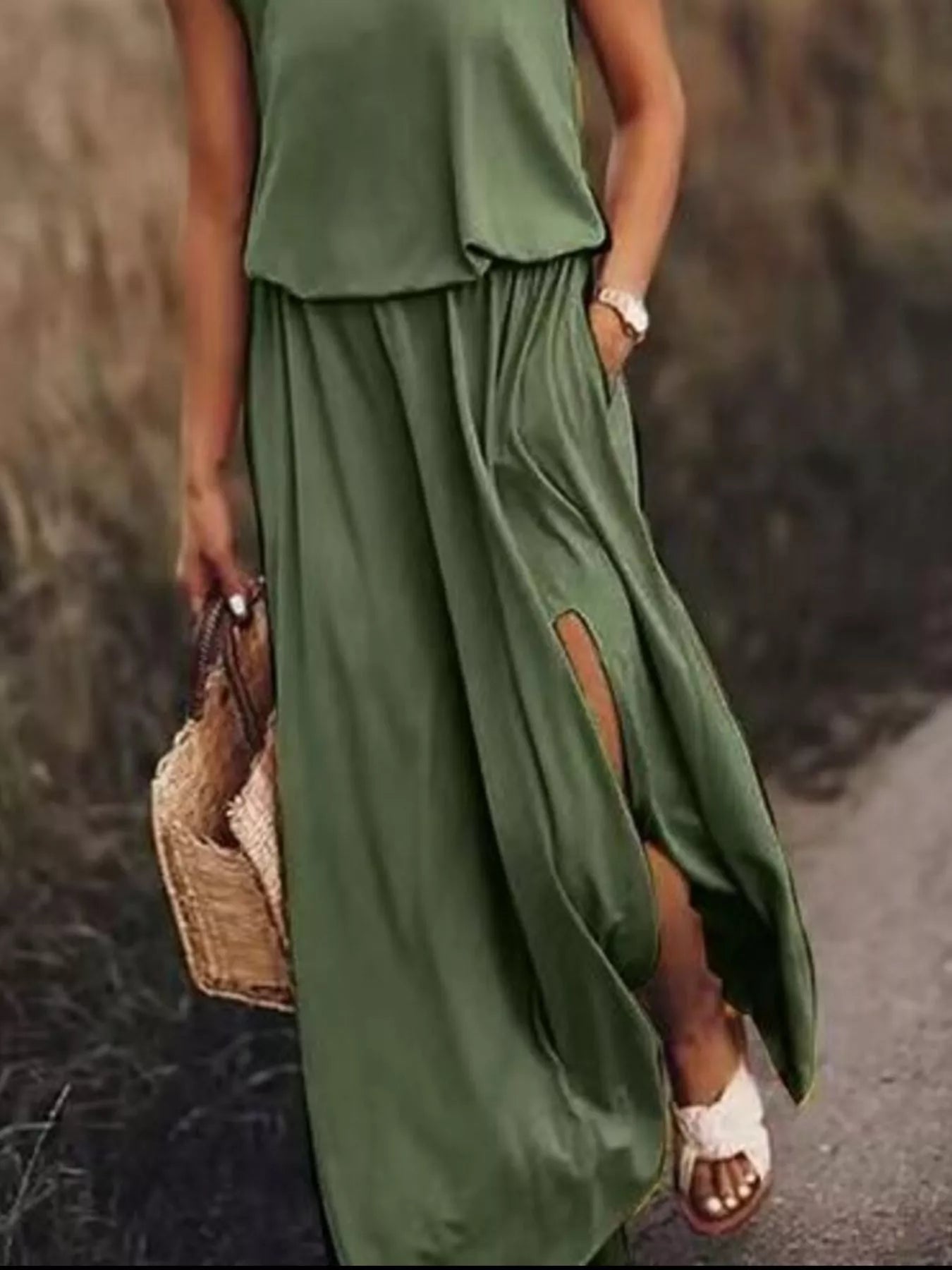 Full Size Round Neck Sleeveless Slit Maxi Dress Plus Size 