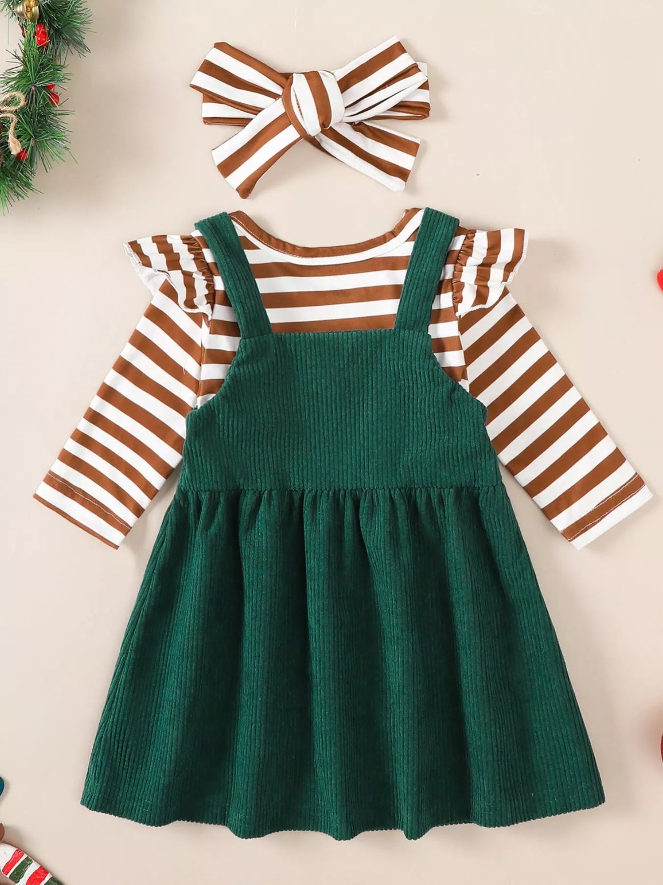 Children's Christmas Bodysuit and Overall Dress Set with Headband 