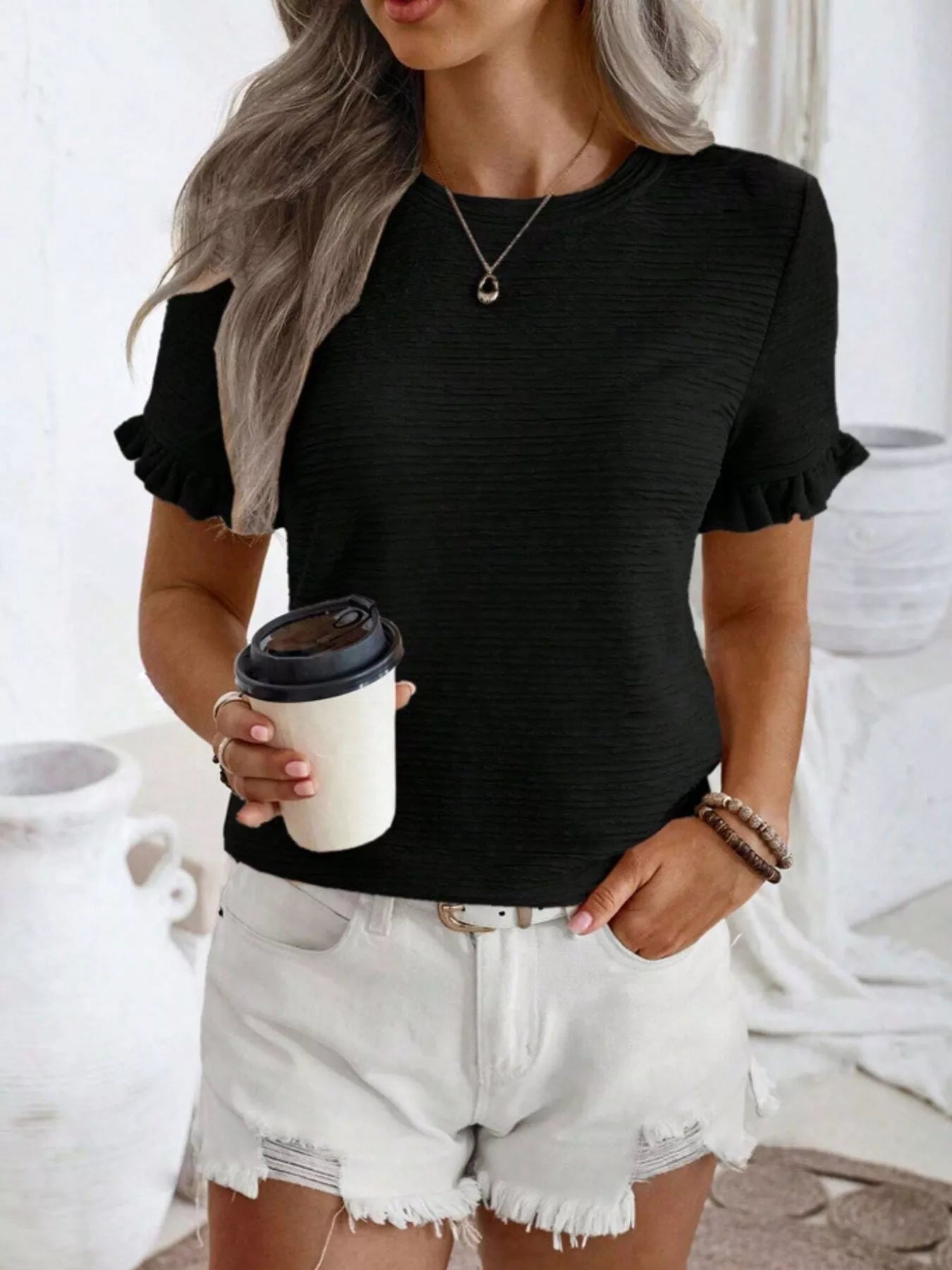 Textured Ruffle Sleeve Round Neck T-Shirt 
