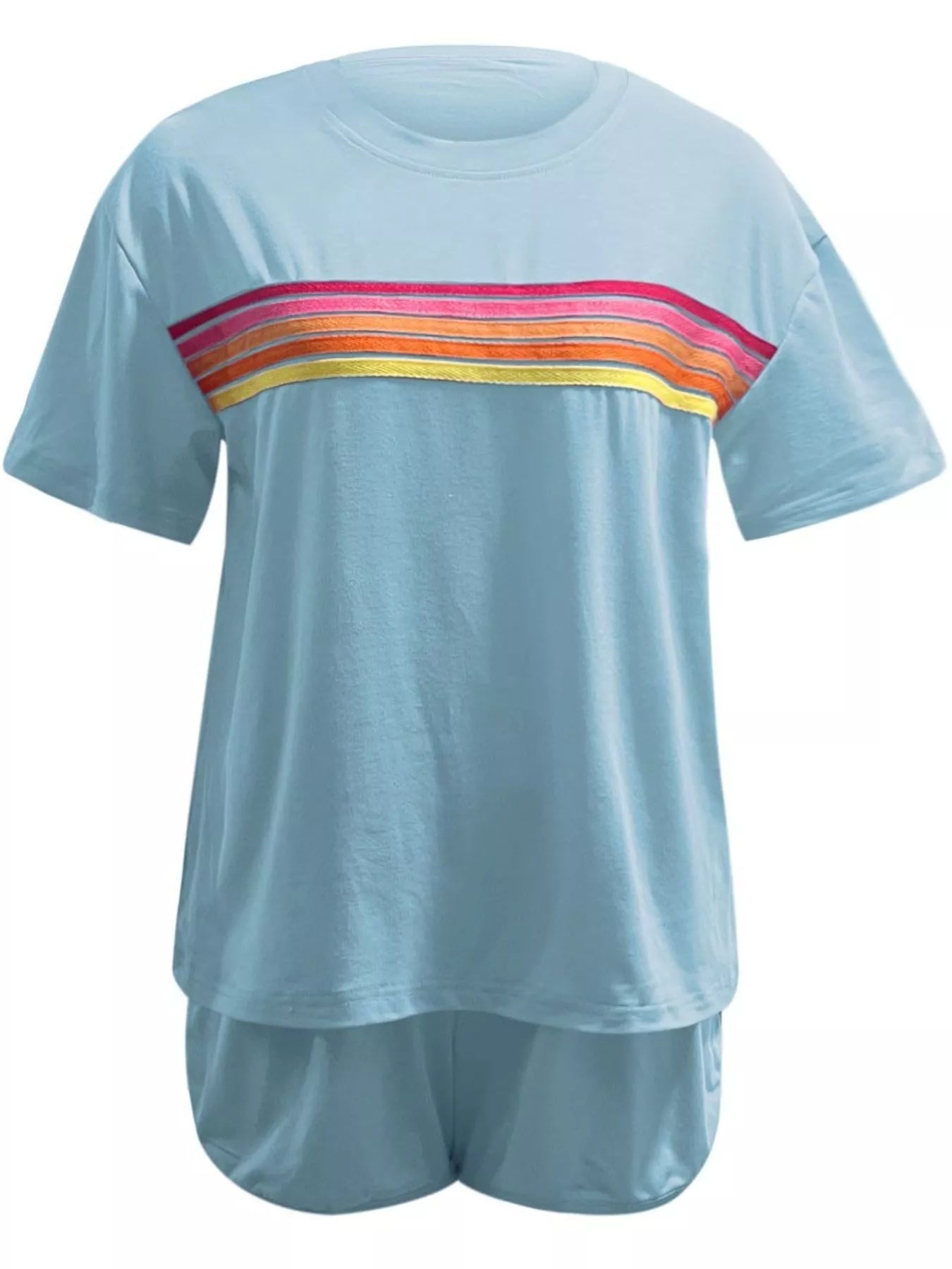 Rainbow Striped Round Neck Top and Shorts Set 