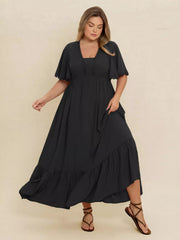 Plus Size Boho Ruffled Maxi Dress with Flutter Sleeves 
