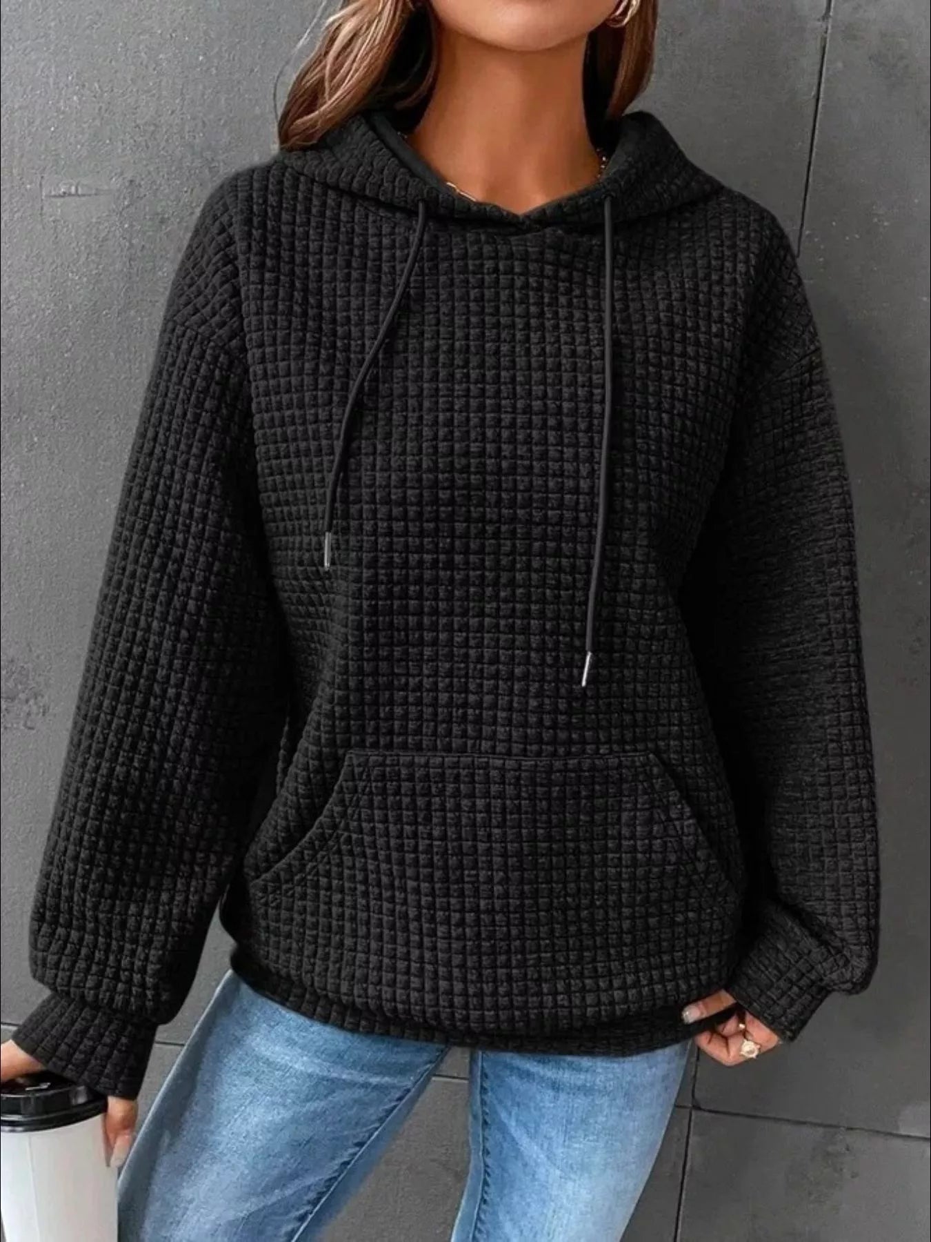Waffle Knit Hoodie with Drawstring Details 