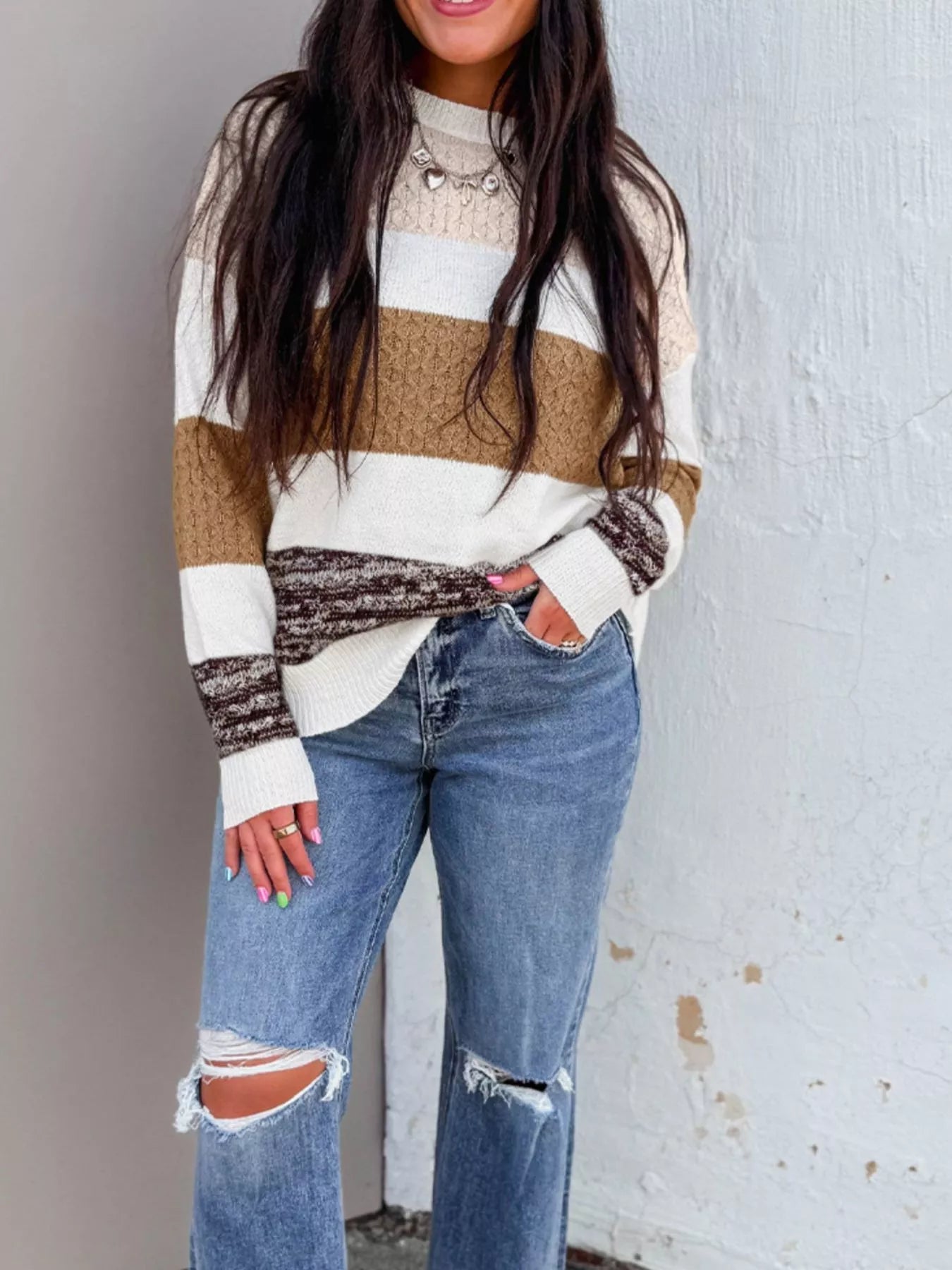 Mixed Texture Knit Striped Color Block Loose Sweater 