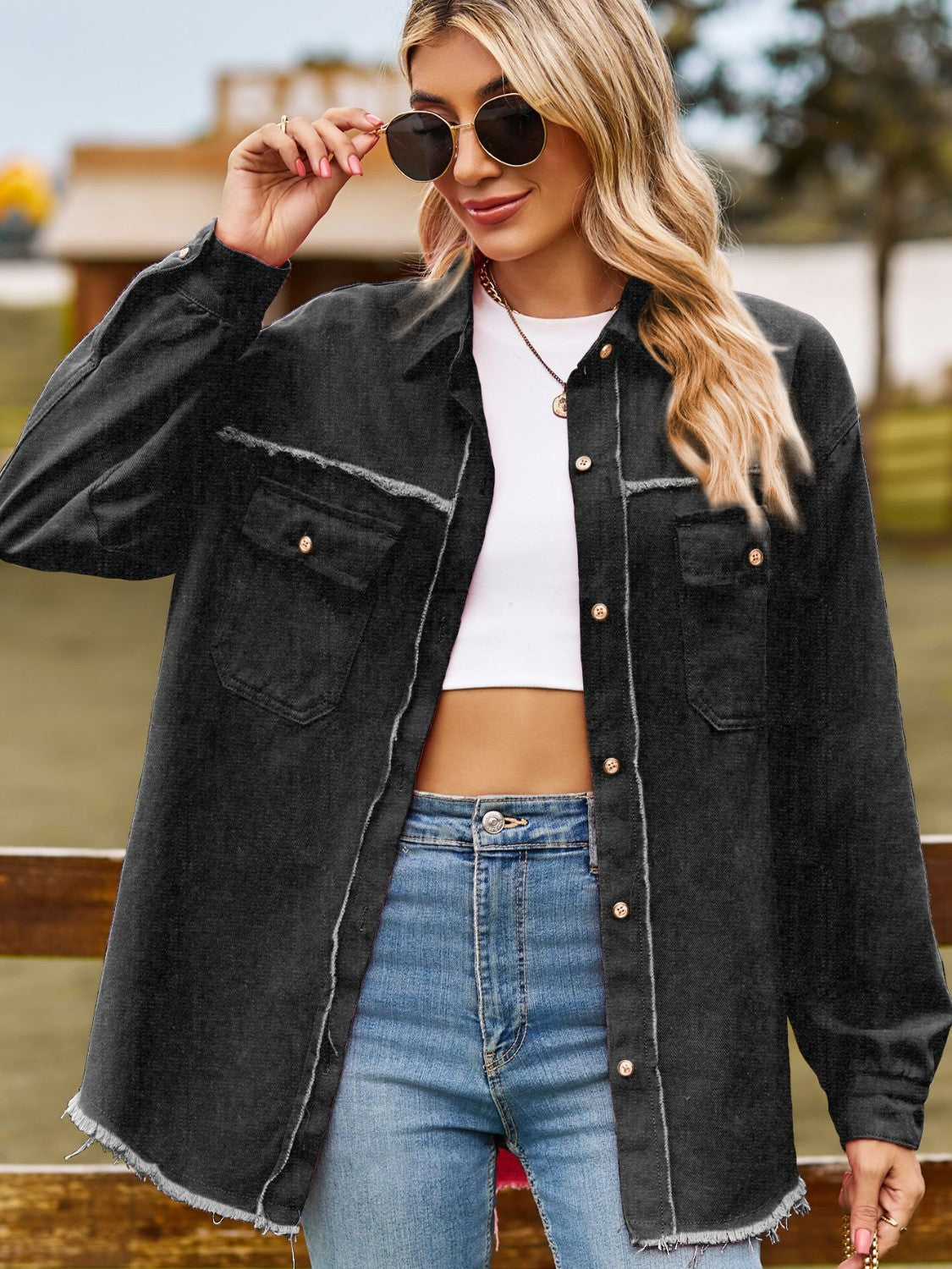 Button Up Collared Neck Raw Hem Denim Top 