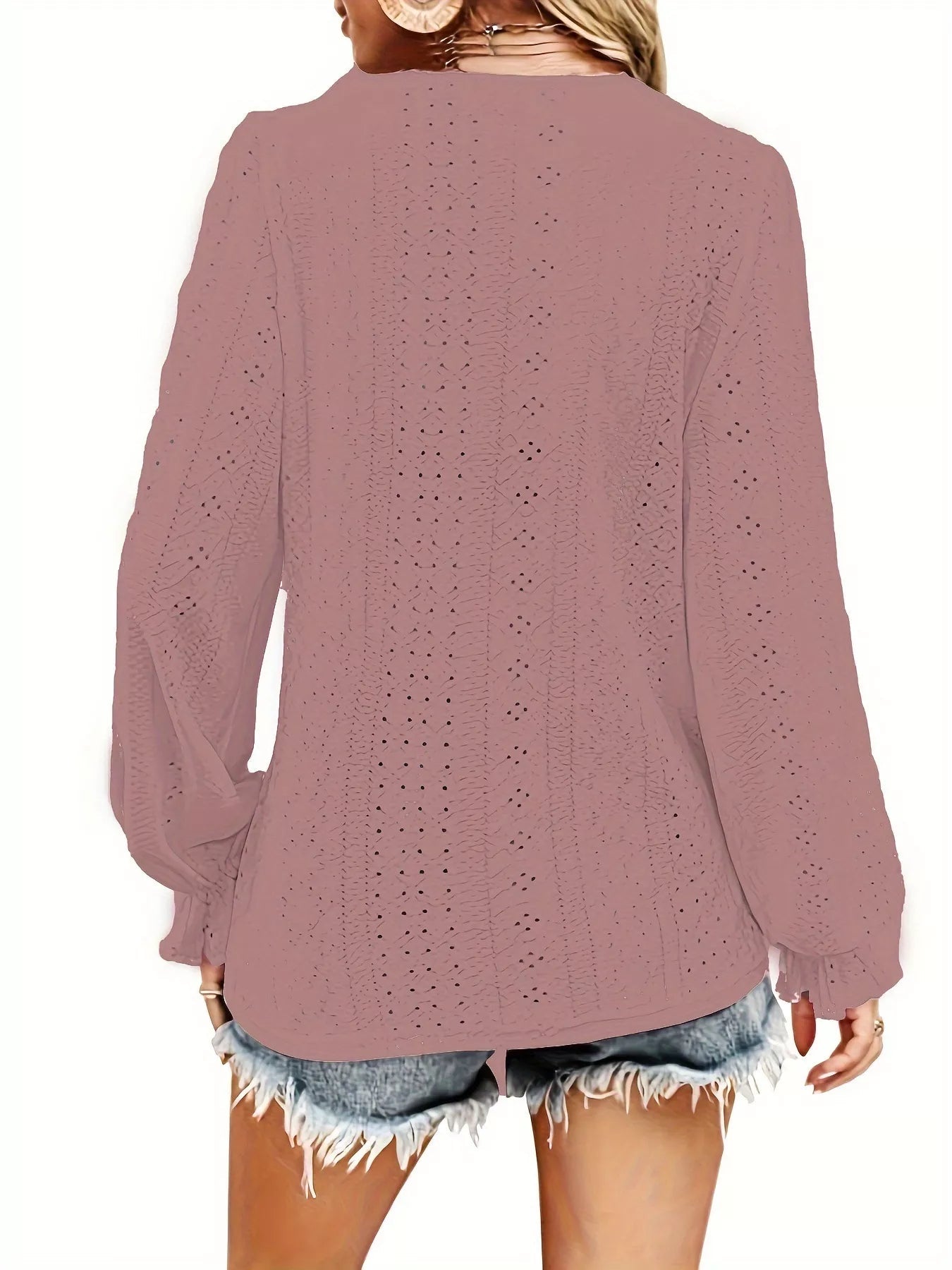 Plus Size Eyelet V-Neck Flounce Sleeve Blouse 