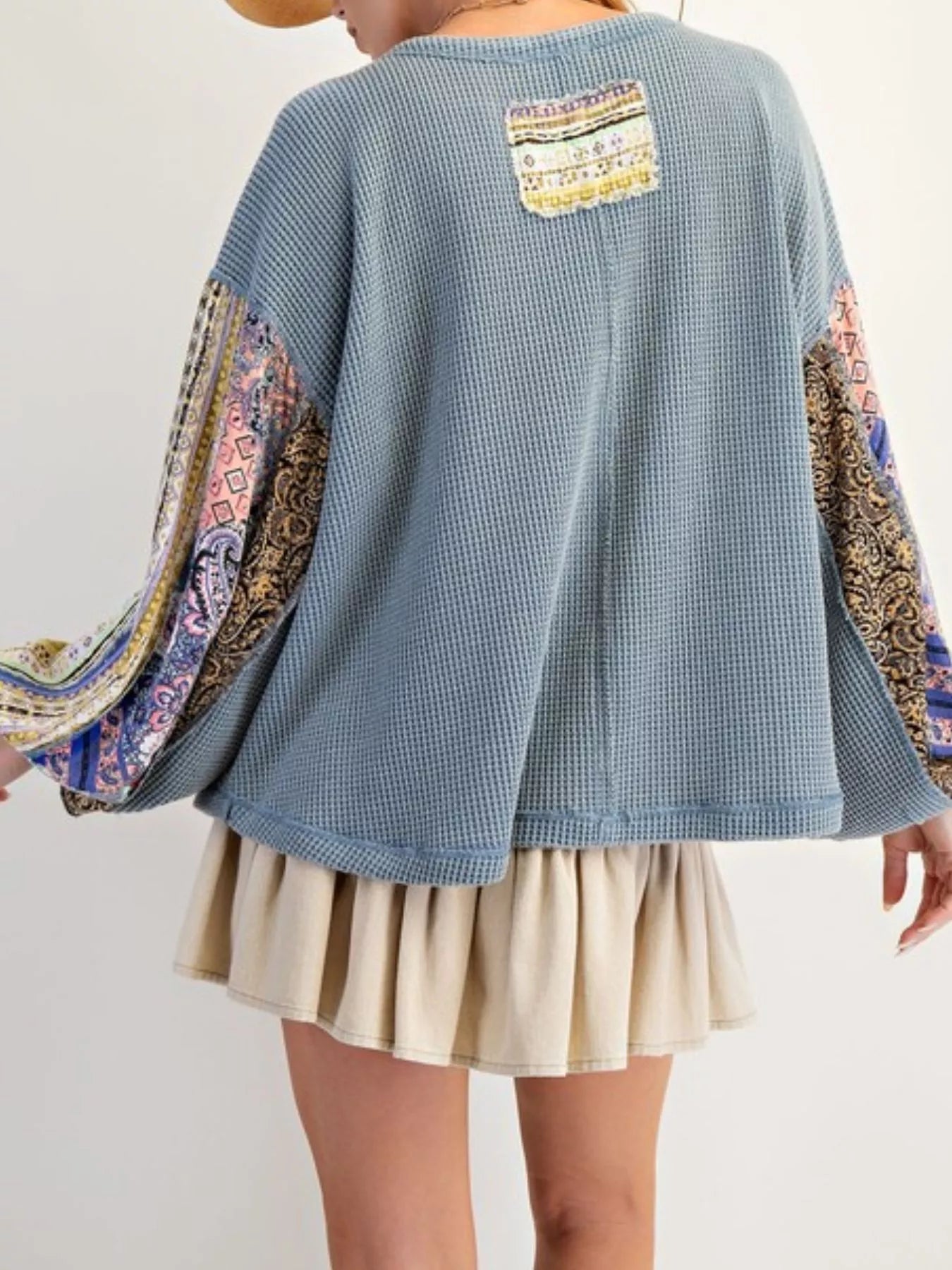 Waffle Knit Round Neck Dropped Shoulder Sweatshirt 