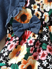 Children's Ruffled Bow Contrast Floral Dress with Headband 