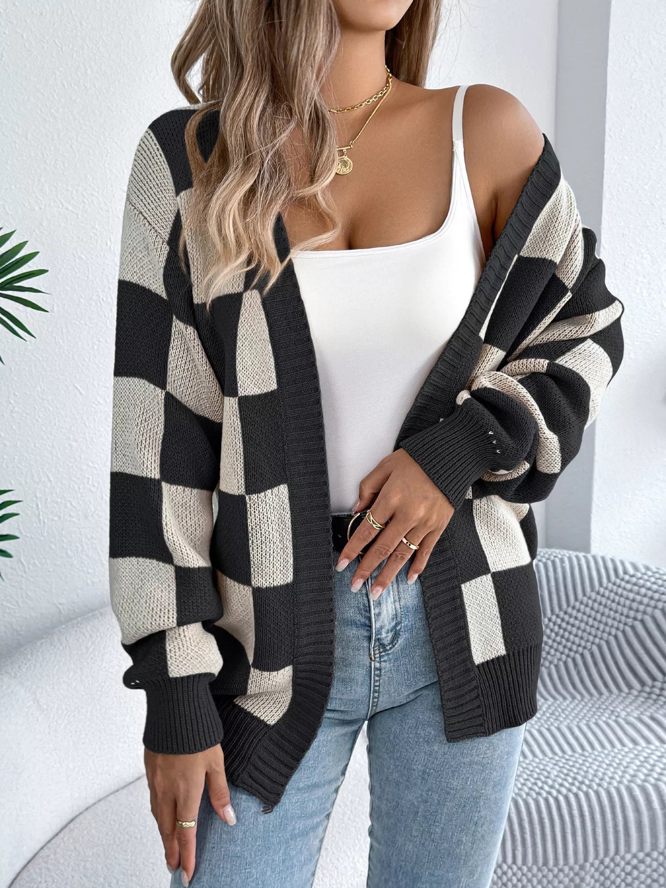 Checkered Pattern Open Front Cardigan 