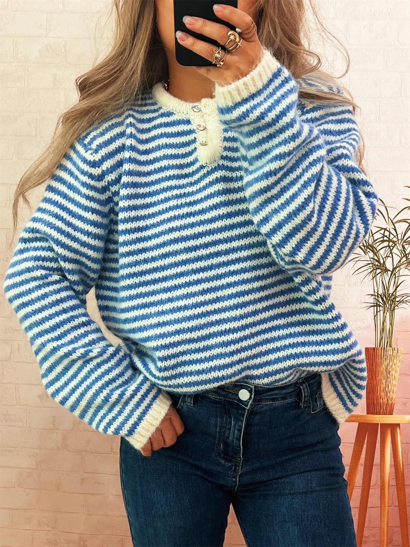 Striped Button Detail Long Sleeve Sweater 
