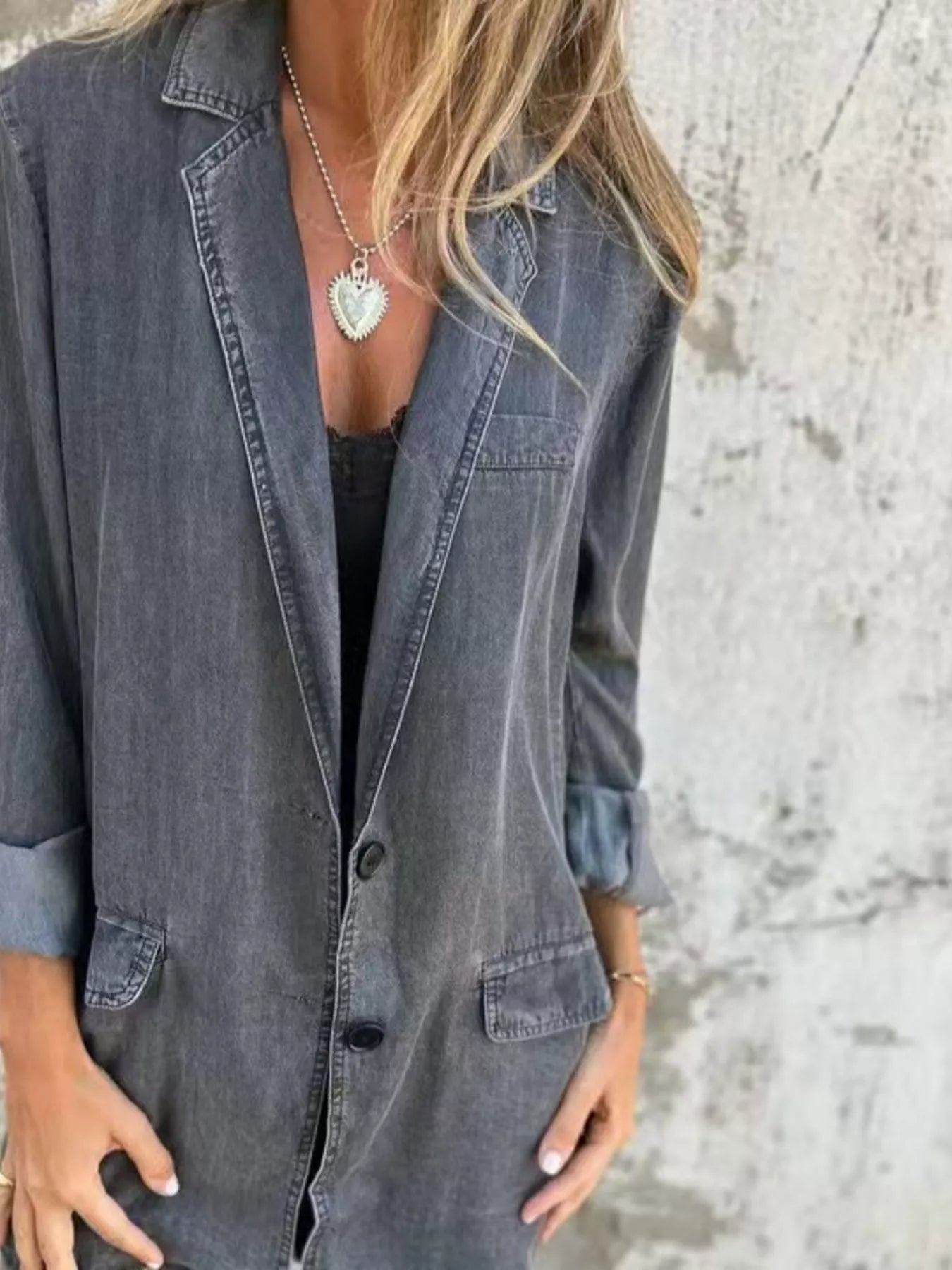 Full Size Button Down Denim Blazer Plus Size 