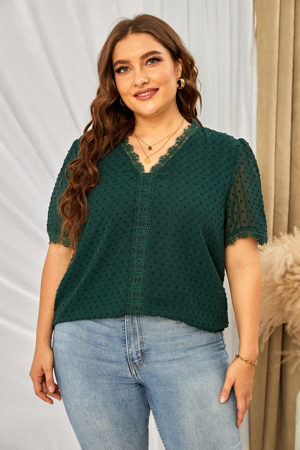Plus Size Swiss Dot Spliced Lace V-Neck Blouse 