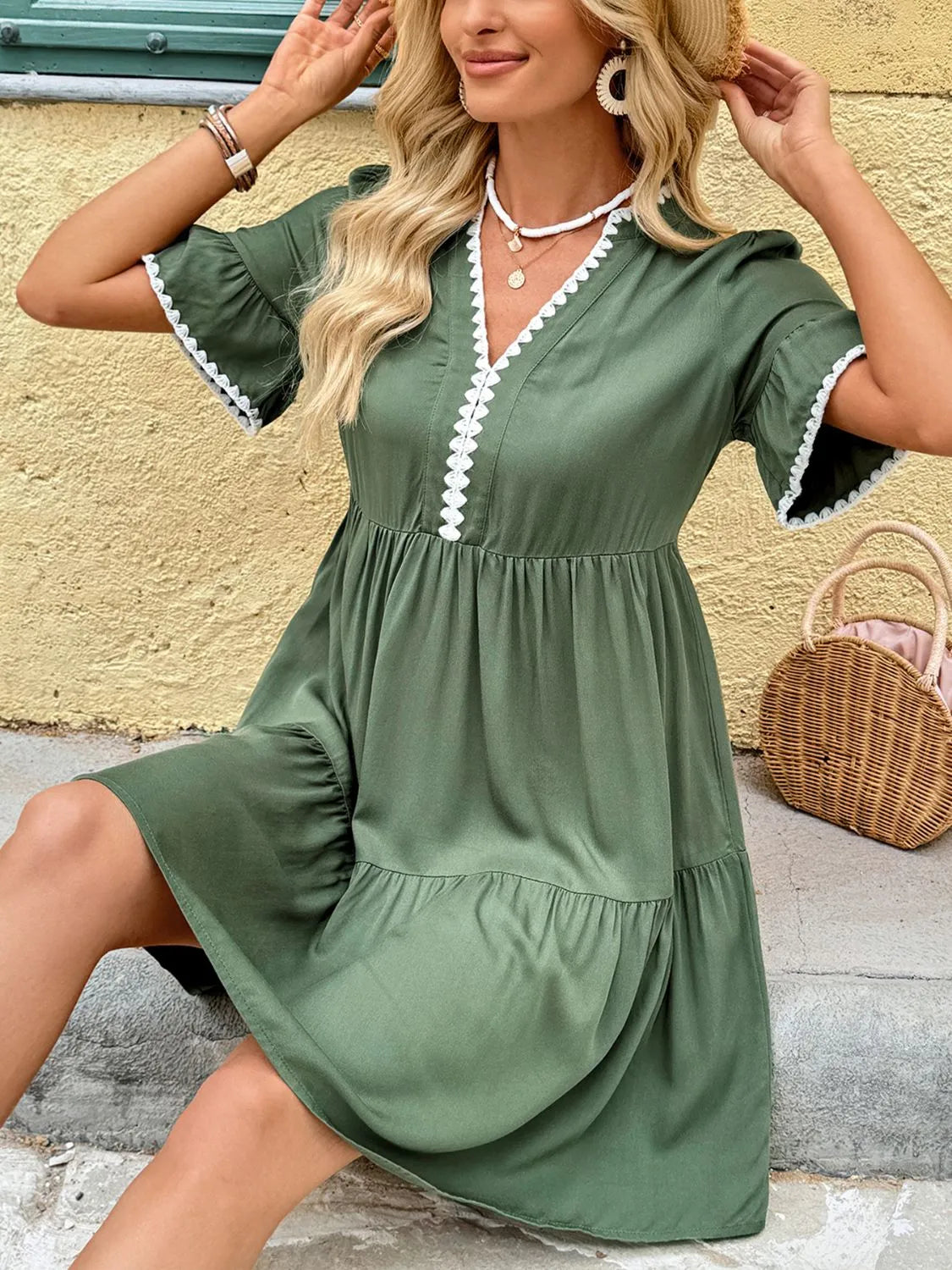 Lace Detail Notched Flounce Sleeve Mini Dress 