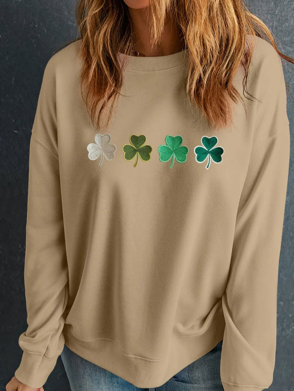 Embroidered Clover Pattern Round Neck Sweatshirt 