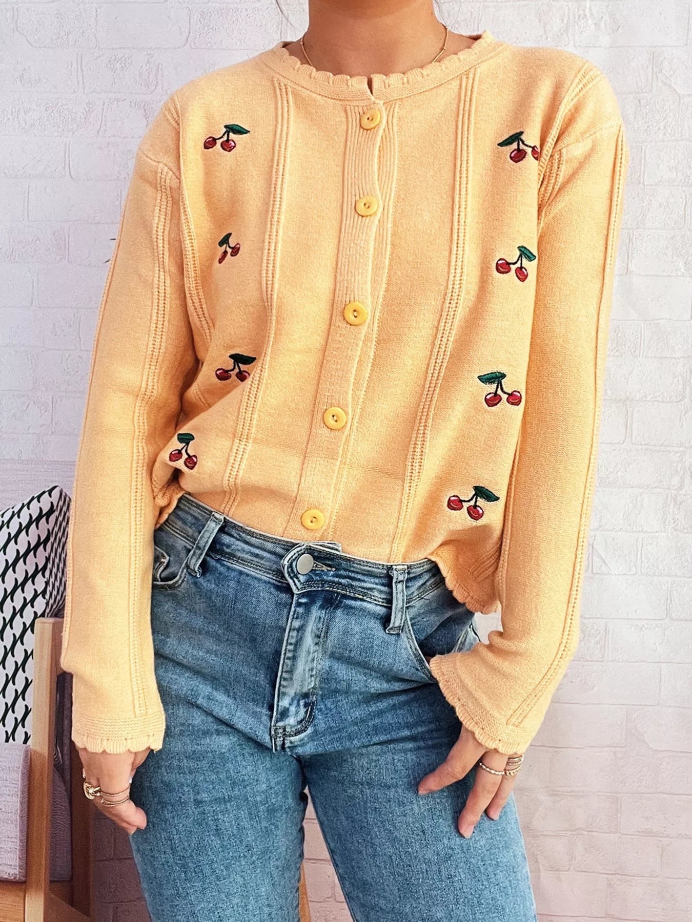 Cherry Embroidered Button Up Cardigan 