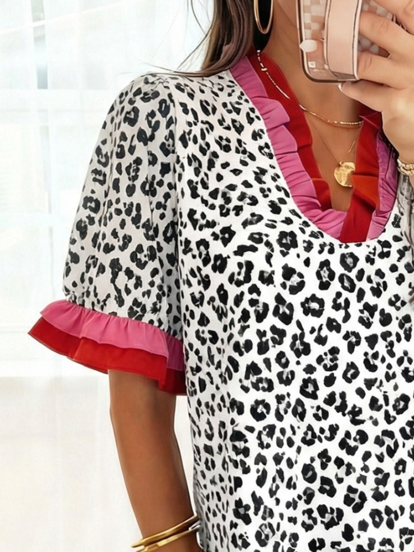 Leopard Print Frill Short Sleeve Blouse 