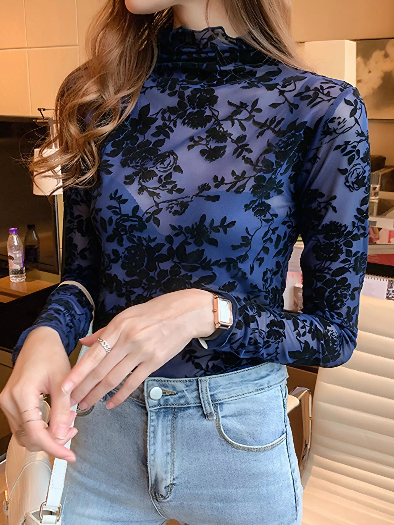 Floral Turtleneck Long Sleeve Top 