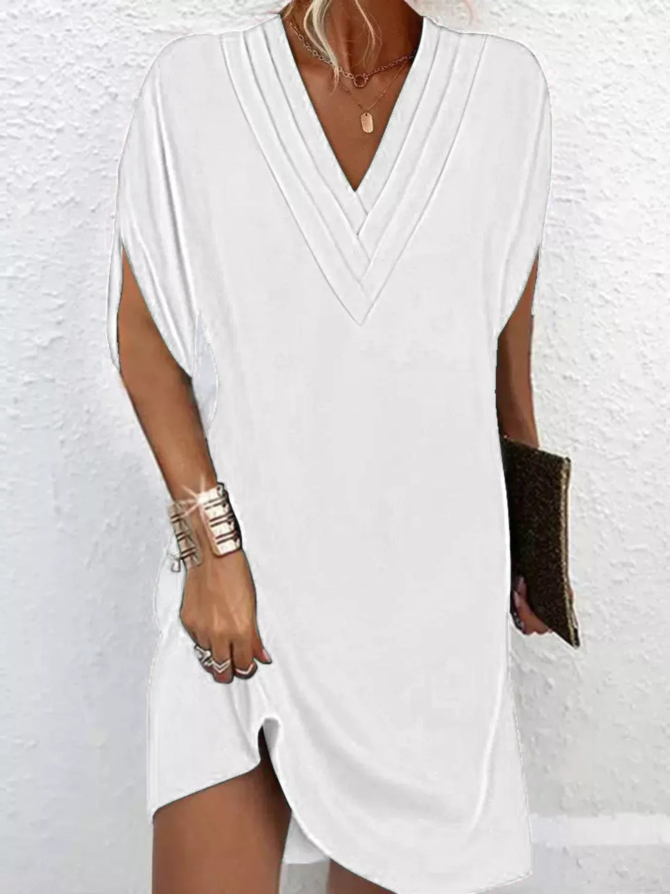 Full Size V-Neck Slit Sleeve Mini Dress Plus Size 