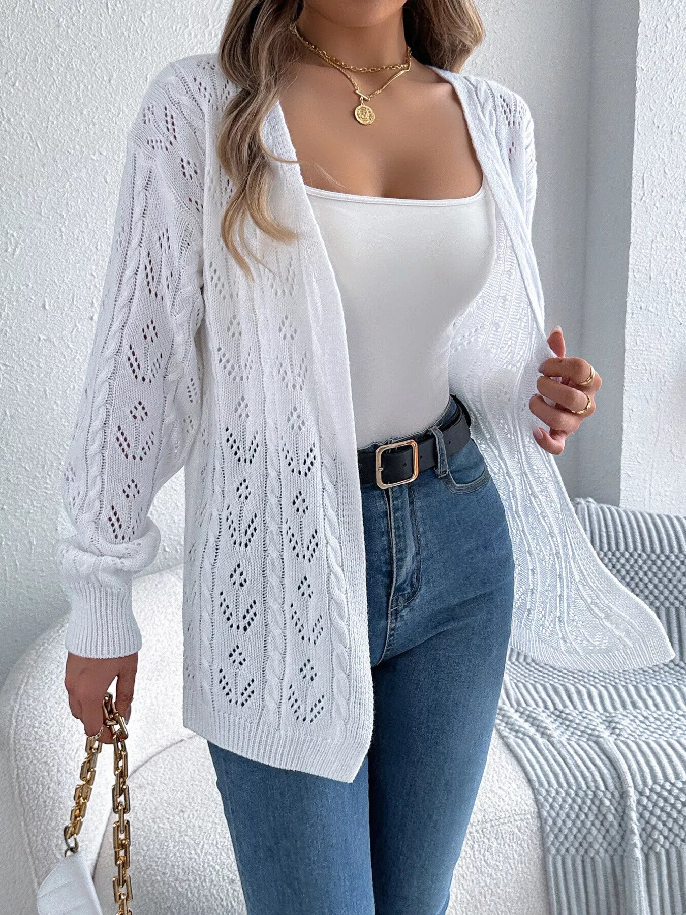 Openwork Open Front Long Sleeve Cardigan 