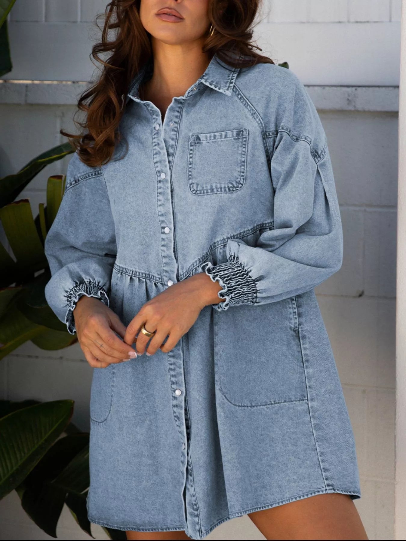 Smocked Cuffs Flared Denim Shirt Mini Dress 