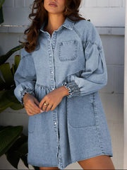 Smocked Cuffs Flared Denim Shirt Mini Dress 