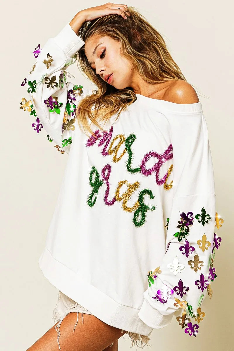 BiBi Fleur De Lis Sleeve Mardi Gras Pullover 