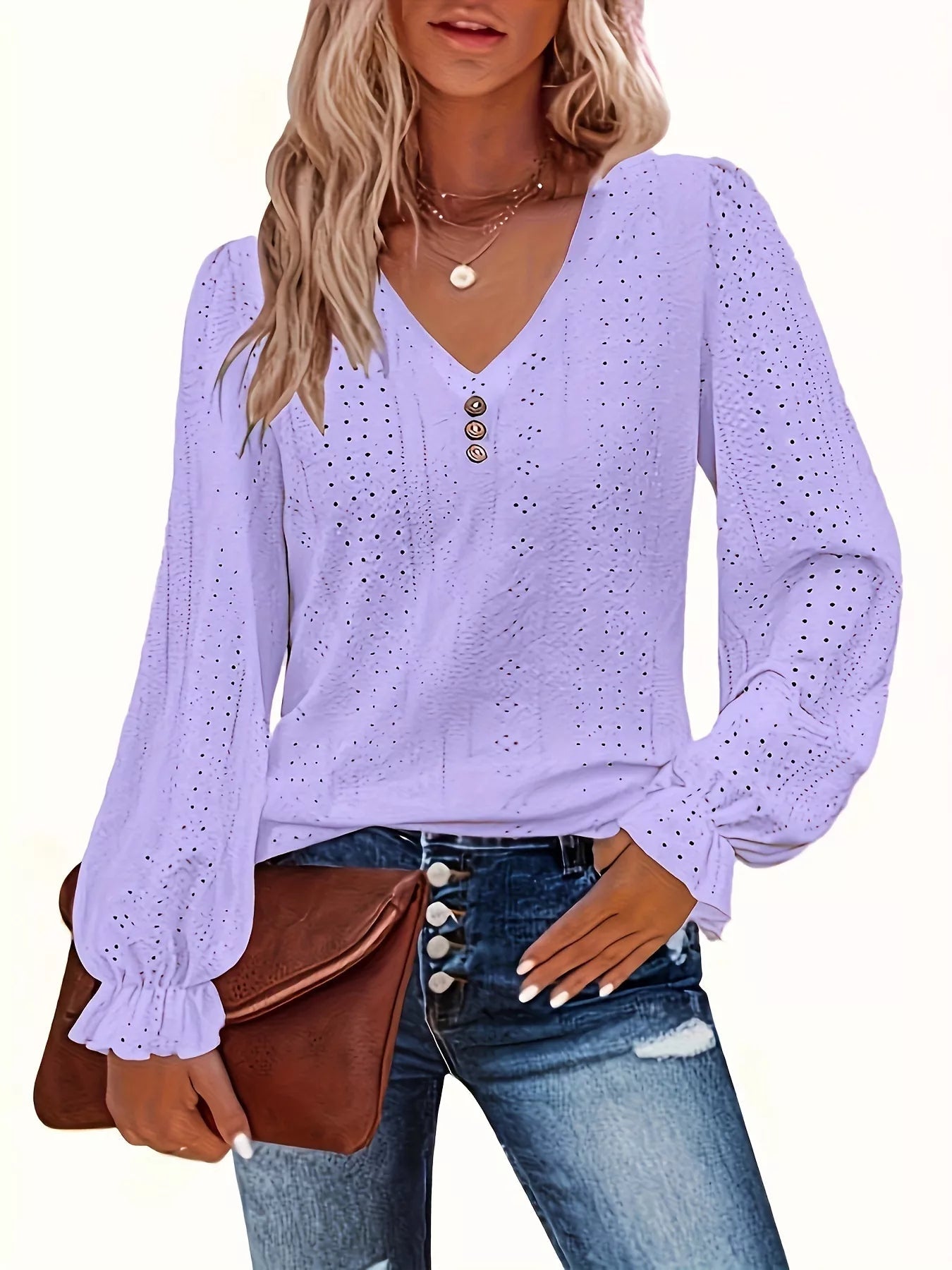Plus Size Eyelet V-Neck Flounce Sleeve Blouse 