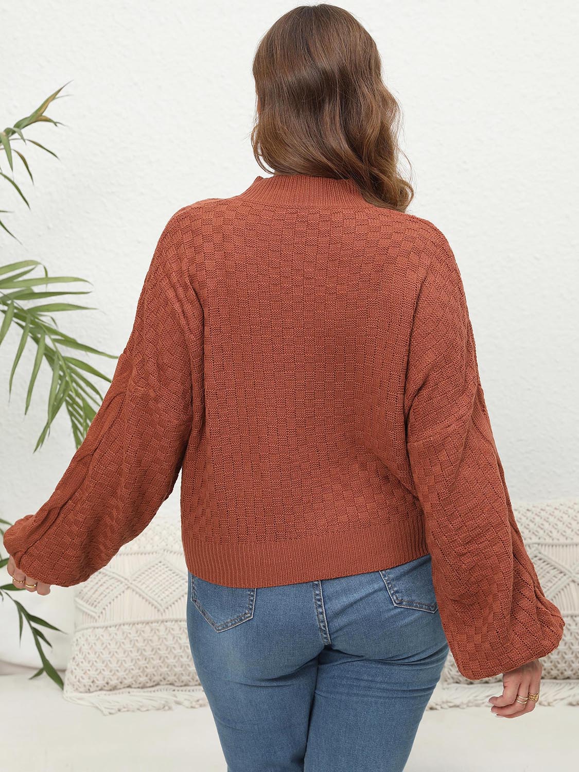 Plus Size Mock Neck Cable Knit Long Sleeve Sweater 