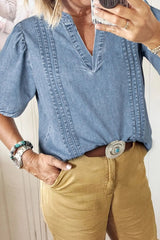 Casual Notched Puff Sleeve Denim Top 