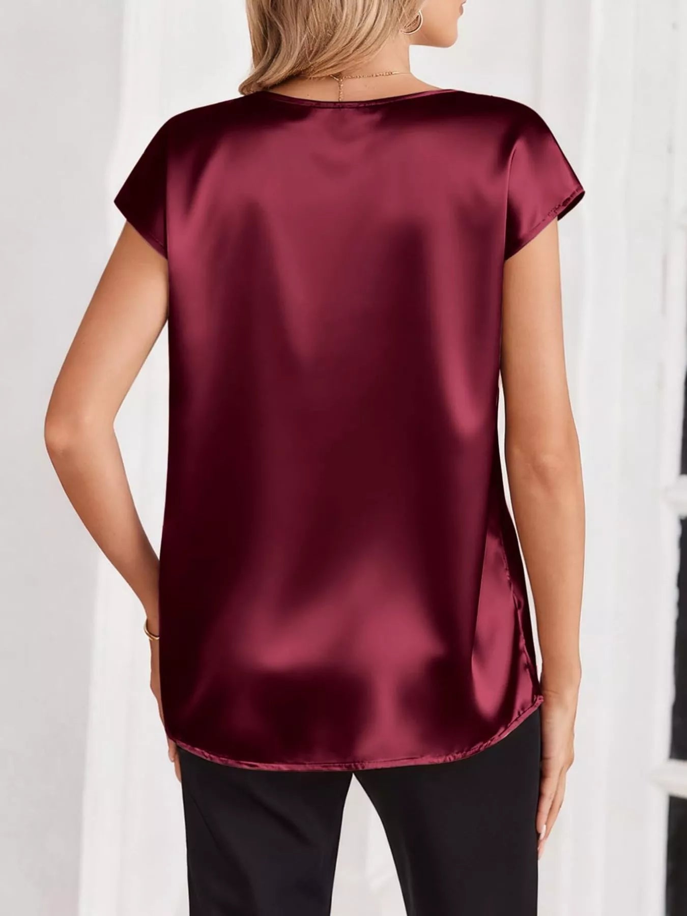 Satin V-Neck Cap Sleeve Blouse 