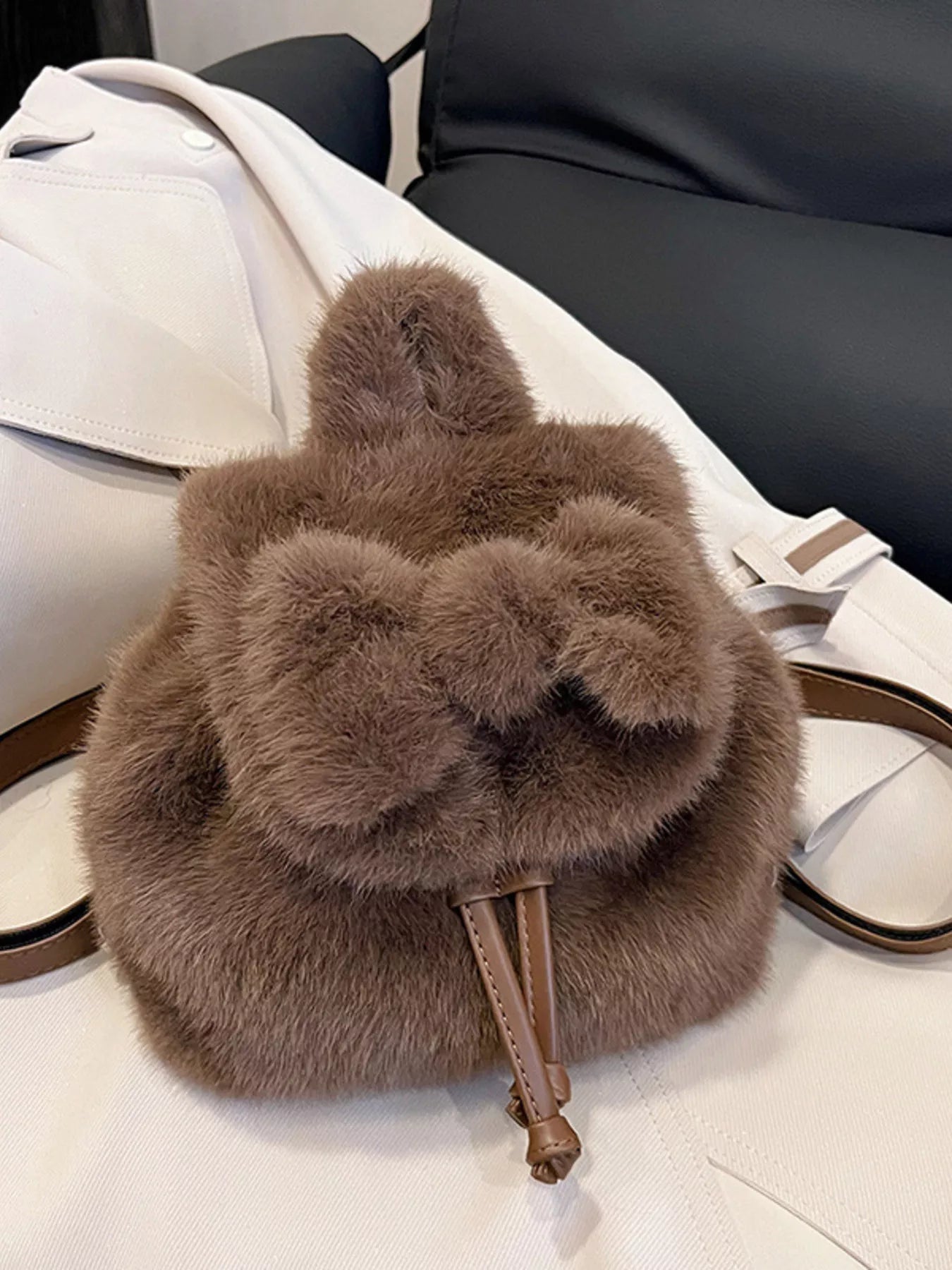 Fuzzy Plush Drawstring Backpack Bag 