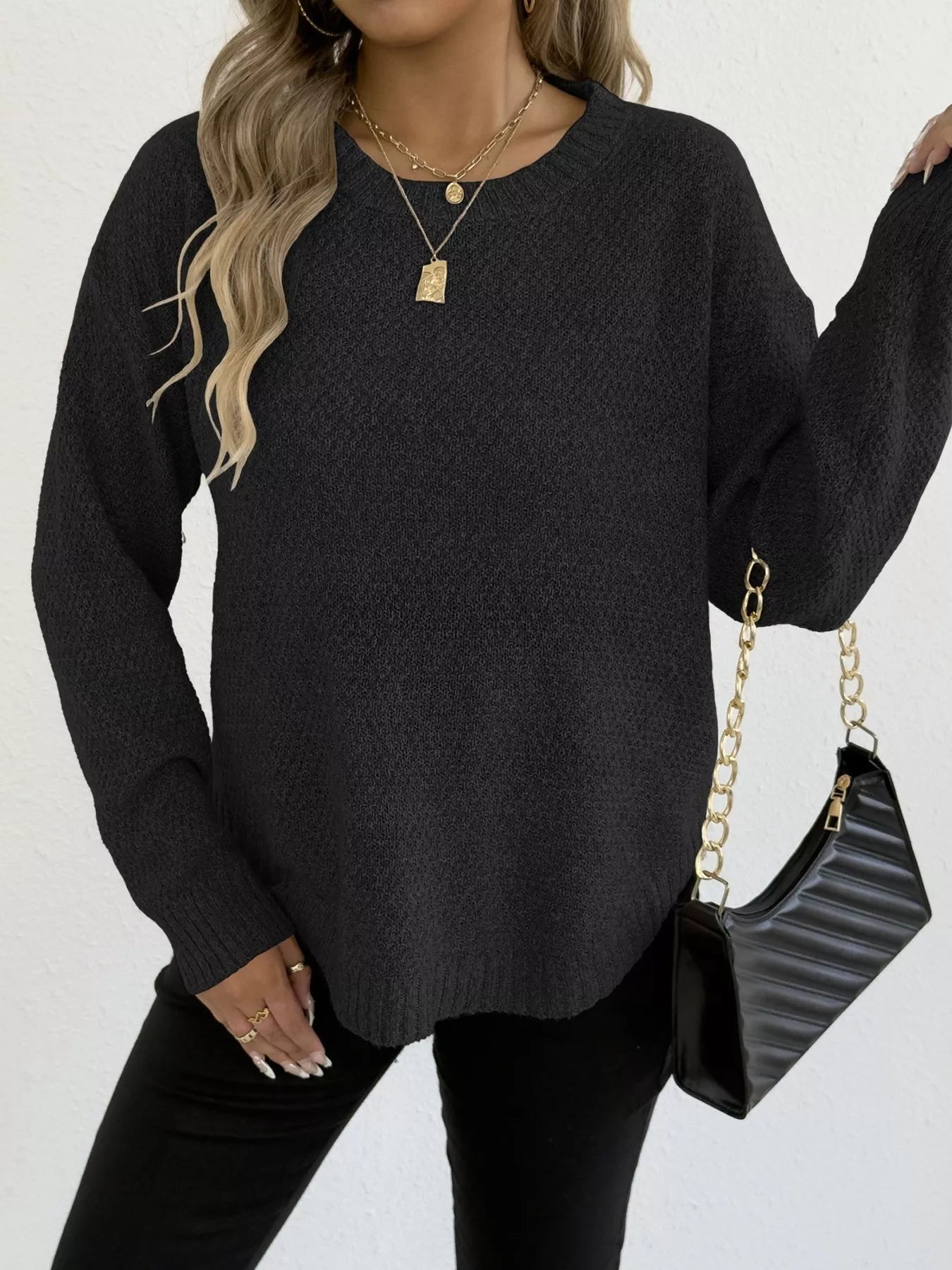 Textured Knit Relaxed Fit Round Neck Sweater 